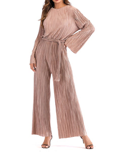 Pleated Beaded Flared Sleeve Loose Jumpsuit Women Suit