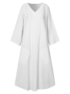 Casual V-Neck Women'S Cotton And Linen Dress