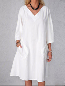 Casual V-Neck Women'S Cotton And Linen Dress