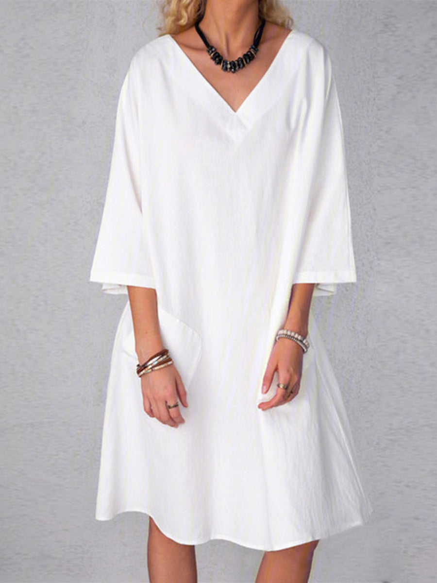 Casual V-Neck Women'S Cotton And Linen Dress