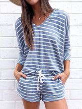 Load image into Gallery viewer, Striped Print V-neck Top Shorts Loose Casual Two-piece Suit