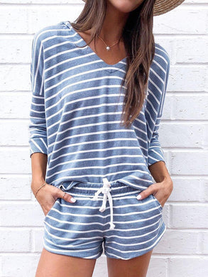 Striped Print V-neck Top Shorts Loose Casual Two-piece Suit