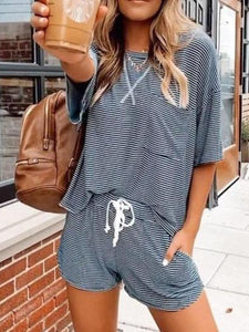 Striped Printed Round Neck Top and Shorts Loose Two-piece Suit