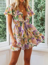 Load image into Gallery viewer, Flower Print Knotted Ruffled V-neck Dress