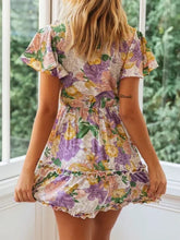 Load image into Gallery viewer, Flower Print Knotted Ruffled V-neck Dress