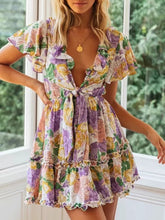 Load image into Gallery viewer, Flower Print Knotted Ruffled V-neck Dress