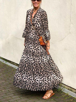 Women Bohemian 3/4 Sleeve Leopard Maxi Dress