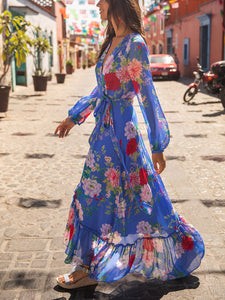 Women Floral Long Sleeve Lace-Up Maxi Dress