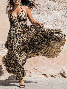 Women Vacation Sexy Sling Leopard Maxi Dress