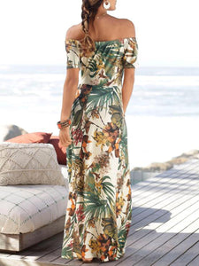 Women Floral Strapless Short Sleeve Maxi Dress