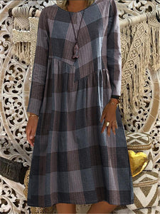 Plaid Cotton And Linen Print Women'S Dress