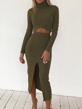 Load image into Gallery viewer, Fashion Solid Color Long Sleeve High Neck Split Two-Piece Suit