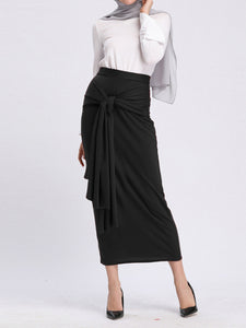 Casual Solid Color Tie Waist Long Hip Skirt