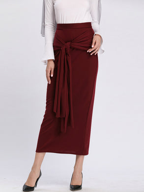 Casual Solid Color Tie Waist Long Hip Skirt