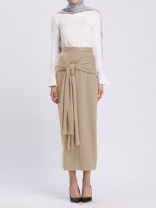 Casual Solid Color Tie Waist Long Hip Skirt