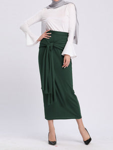 Casual Solid Color Tie Waist Long Hip Skirt