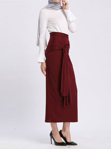 Casual Solid Color Tie Waist Long Hip Skirt