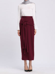 Casual Solid Color Tie Waist Long Hip Skirt