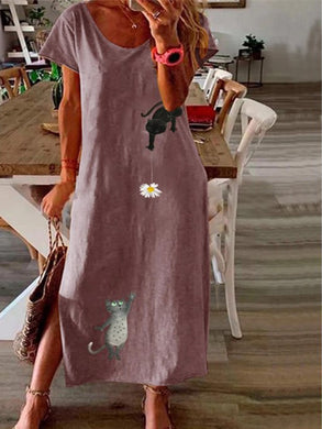 Casual Round Neck Small Daisy Cat Print Short Sleeve Dress