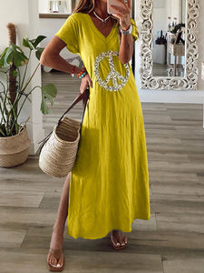 Women's Loose Slit Print Short Sleeve Casual Dress