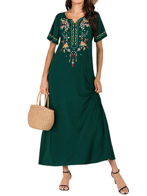 Fashion V-Neck Embroidery Short Sleeve Long Dress