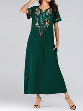 Load image into Gallery viewer, Fashion V-Neck Embroidery Short Sleeve Long Dress