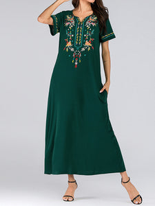 Fashion V-Neck Embroidery Short Sleeve Long Dress