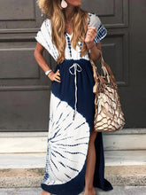 Load image into Gallery viewer, Fashion V-neck Short Sleeve Slit Mid-length Printed Beach Dress