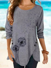 Load image into Gallery viewer, Women's Irregular Hem Button Loose Long Sleeve Round Neck Printed T-shirt