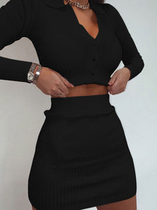 Fashion Long-Sleeved V-Neck Button Cardigan Two-Piece Suit