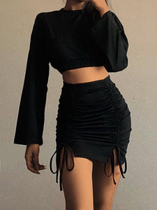 Fashion Casual Long Sleeve Drawstring Solid Color Two-Piece Suit