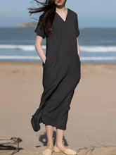 Load image into Gallery viewer, Women Plain V-Neck Short Sleeve Cotton and Linen Maxi Dress