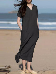 Women Plain V-Neck Short Sleeve Cotton and Linen Maxi Dress