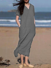 Load image into Gallery viewer, Women Plain V-Neck Short Sleeve Cotton and Linen Maxi Dress