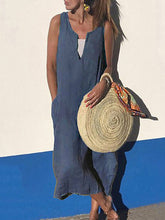 Load image into Gallery viewer, Women Plain V-Neck Sleeveless Pockets Cotton and Linen Maxi Dress