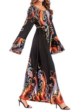 Load image into Gallery viewer, Printed Round Neck Pile Sleeves Beaded Ice Soft Silk Dress