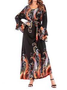 Printed Round Neck Pile Sleeves Beaded Ice Soft Silk Dress