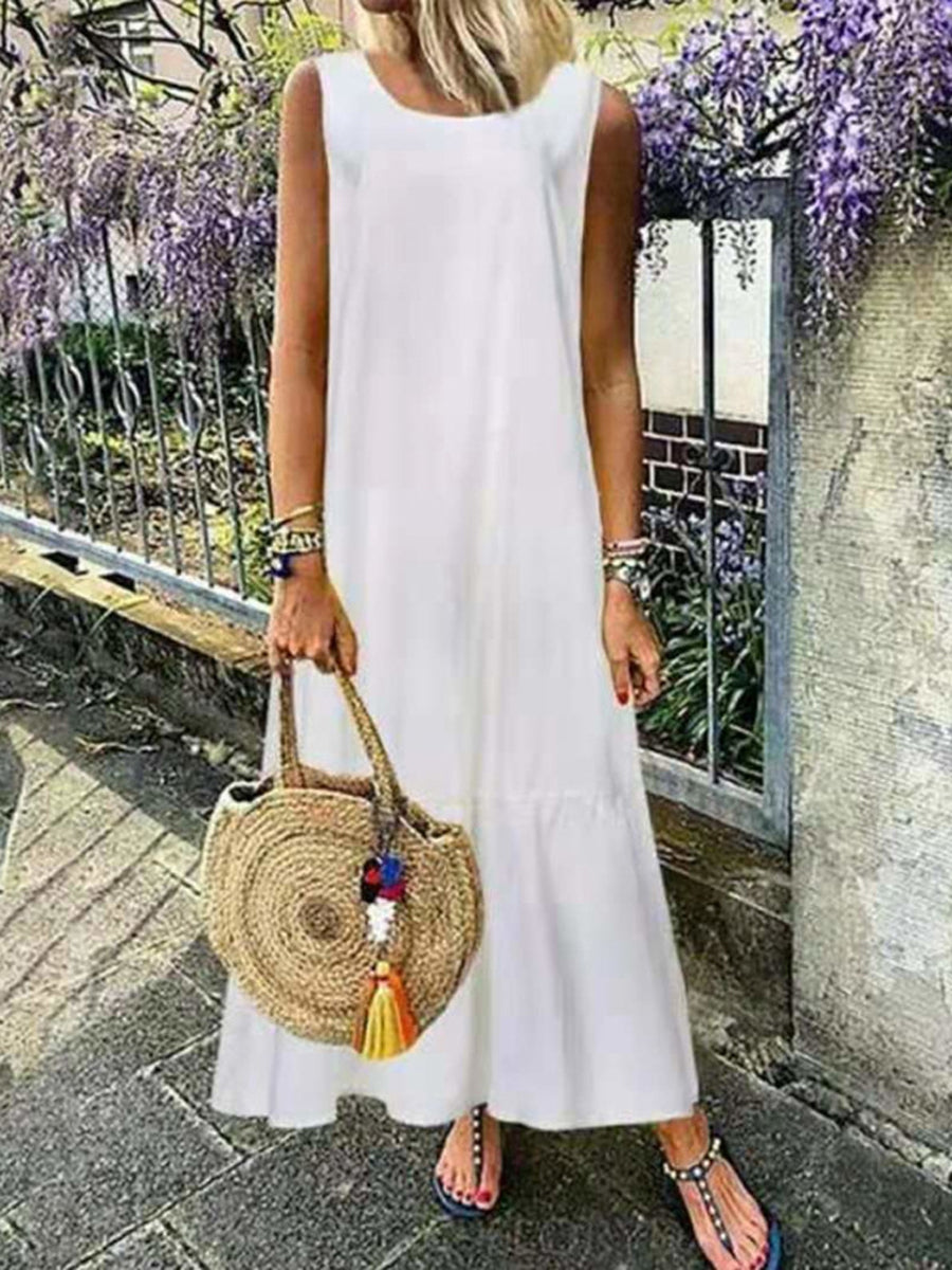 Women Plain Sleeveless Cotton and Linen Maxi Dress