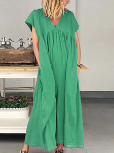 Women Plain V-Neck Pockets  Loose Maxi Dress