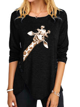 Load image into Gallery viewer, Irregular Button Long Sleeve Round Neck Print Women's T-shirt