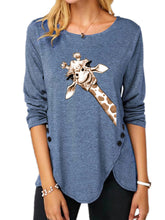 Load image into Gallery viewer, Irregular Button Long Sleeve Round Neck Print Women's T-shirt