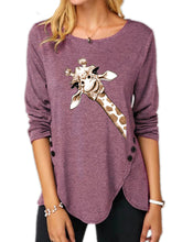 Load image into Gallery viewer, Irregular Button Long Sleeve Round Neck Print Women's T-shirt