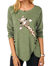 Load image into Gallery viewer, Irregular Button Long Sleeve Round Neck Print Women's T-shirt