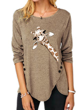 Load image into Gallery viewer, Irregular Button Long Sleeve Round Neck Print Women's T-shirt