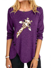 Load image into Gallery viewer, Irregular Button Long Sleeve Round Neck Print Women's T-shirt