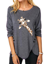 Load image into Gallery viewer, Irregular Button Long Sleeve Round Neck Print Women's T-shirt