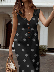 Women Print Lapel Polka Dot Pockets Midi Dress