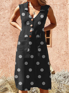 Women Print Lapel Polka Dot Pockets Midi Dress