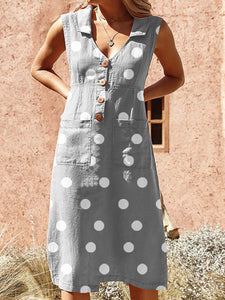 Women Print Lapel Polka Dot Pockets Midi Dress