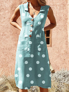 Women Print Lapel Polka Dot Pockets Midi Dress